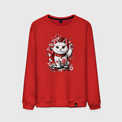 Свитшот хлопковый мужской Манеки Неко, белая кошка удачи, цвет: красный