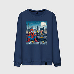 Свитшот хлопковый мужской Человек паук и Бэтмен пьют пиво на крыше небоскрёб, цвет: тёмно-синий