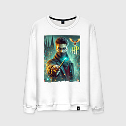 Свитшот хлопковый мужской Harry Potter with a magic wand - ai art fantasy, цвет: белый
