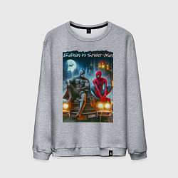 Мужской свитшот Разговор Бэтмена и человека паука на капоте автомо