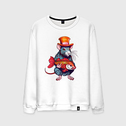 Свитшот хлопковый мужской Крыса с рыбой в японском стиле, цвет: белый