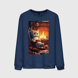 Мужской свитшот Уютный кот у камина с чашкой какао