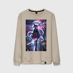 Свитшот хлопковый мужской Девушка с катаной на фоне цветущей сакуры, цвет: миндальный