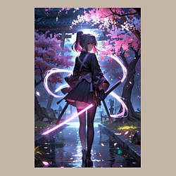 Свитшот хлопковый мужской Девушка с катаной на фоне цветущей сакуры, цвет: миндальный — фото 2