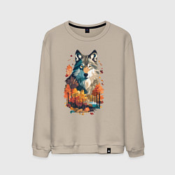 Свитшот хлопковый мужской Волк и осенний лес, цвет: миндальный