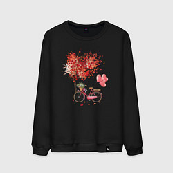 Свитшот хлопковый мужской Велосипед с сердечным деревом и цветами, цвет: черный