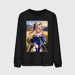 Свитшот хлопковый мужской Лиса посреди живописного поля, цвет: черный