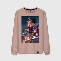 Свитшот хлопковый мужской Чудо-женщина на крыше с городским фоном в стиле ко, цвет: пыльно-розовый
