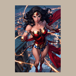 Свитшот хлопковый мужской Чудо-женщина на крыше с городским фоном, цвет: миндальный — фото 2