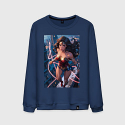 Свитшот хлопковый мужской Чудо-женщина на крыше с городским фоном в стиле ко, цвет: тёмно-синий