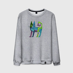 Свитшот хлопковый мужской Декоративный кот в узорах, цвет: меланж