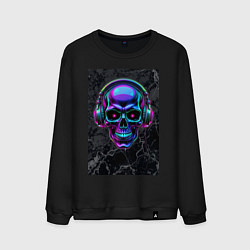 Свитшот хлопковый мужской Неоновый череп в наушниках, цвет: черный