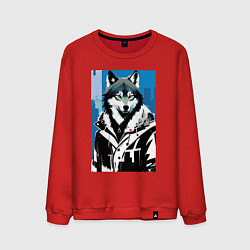 Свитшот хлопковый мужской Волк в мегаполисе - нейроарт, цвет: красный