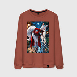 Свитшот хлопковый мужской Белоснежная лиса лунной ночью, цвет: кирпичный