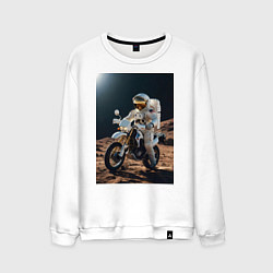 Свитшот хлопковый мужской Космонавт ездит на мотоцикле по Луне, цвет: белый