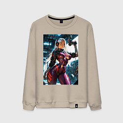 Свитшот хлопковый мужской Девушка с оружием в киберпанк стиле, цвет: миндальный