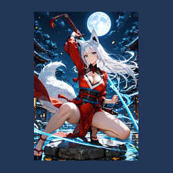 Свитшот хлопковый мужской Лисица с катаной на фоне Луны, цвет: тёмно-синий — фото 2