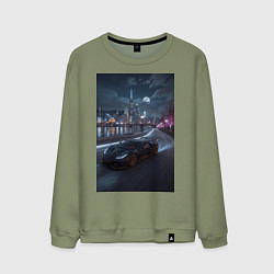 Свитшот хлопковый мужской Черный суперкар едет к мегаполису, цвет: авокадо