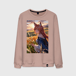 Свитшот хлопковый мужской Девушка-волчица посреди поля пшеницы, цвет: пыльно-розовый