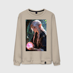 Свитшот хлопковый мужской Серьёзная эльфийка с магической сферой, цвет: миндальный