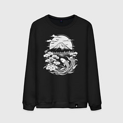 Свитшот хлопковый мужской Фудзи и карп кои, цвет: черный