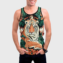 Майка-безрукавка мужская Огненный Тигр в Цветах, цвет: 3D-черный — фото 2