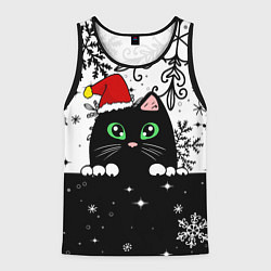 Майка-безрукавка мужская Новогодний кот в колпаке Санты, цвет: 3D-черный
