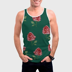 Майка-безрукавка мужская Ярко красные розы на темно-зеленом фоне, цвет: 3D-белый — фото 2