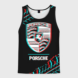 Майка-безрукавка мужская Значок Porsche в стиле Glitch на темном фоне, цвет: 3D-черный