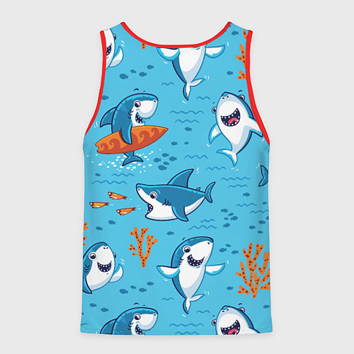 Мужская майка без рукавов Прикольные акулята - паттерн / 3D-Красный – фото 2