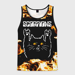 Майка-безрукавка мужская Scorpions рок кот и огонь, цвет: 3D-черный