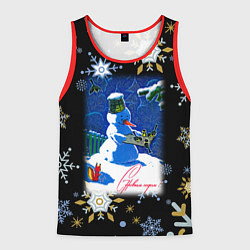 Майка-безрукавка мужская Новый год снеговик и птицы, цвет: 3D-красный
