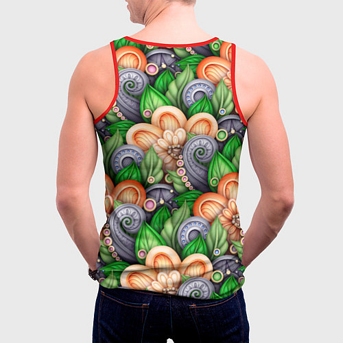 Мужская майка без рукавов Объемные лепестки цветов и листья / 3D-Красный – фото 4