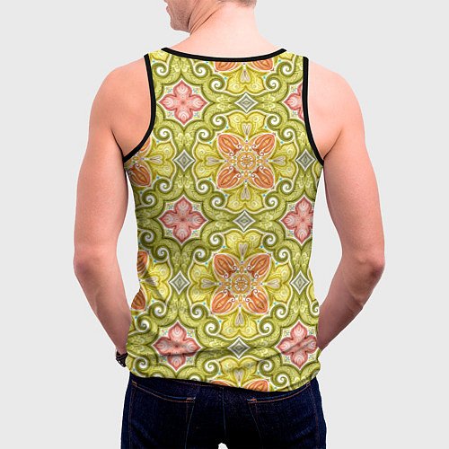 Мужская майка без рукавов Зеленые узоры и оранжевые цветы / 3D-Черный – фото 4