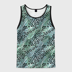 Майка-безрукавка мужская Листья пальмы на леопардовом серо - зеленом фоне, цвет: 3D-черный