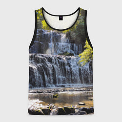 Майка-безрукавка мужская Водопад, солнечные лучи и лес, цвет: 3D-черный