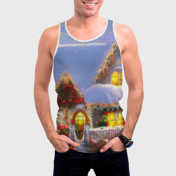 Майка-безрукавка мужская Украшенный новогодний коттедж и снежные сугробы, цвет: 3D-белый — фото 2