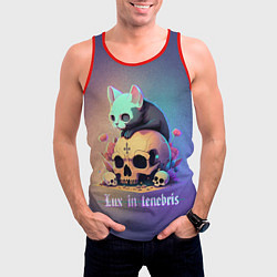 Майка-безрукавка мужская Черный котенок на черепе мрачный неоновый фон, цвет: 3D-красный — фото 2