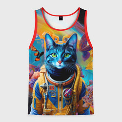 Майка-безрукавка мужская Кот в космическом скафандре - нейросеть, цвет: 3D-красный
