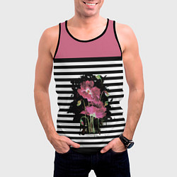 Майка-безрукавка мужская Розовые акварельные маки на полосатом фоне, цвет: 3D-черный — фото 2