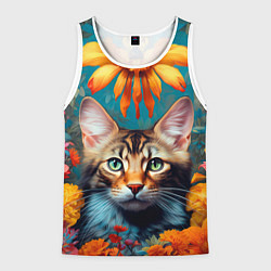 Майка-безрукавка мужская Дикая кошка в цветах, цвет: 3D-белый