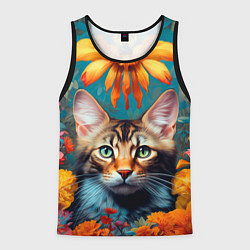 Мужская майка без рукавов Дикая кошка в цветах