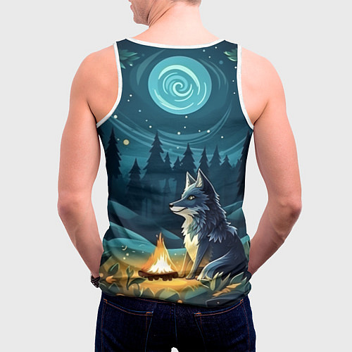 Мужская майка без рукавов Волк у костра в стиле фолк-арт / 3D-Белый – фото 4