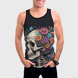 Майка-безрукавка мужская Скелет среди цветов, цвет: 3D-черный — фото 2