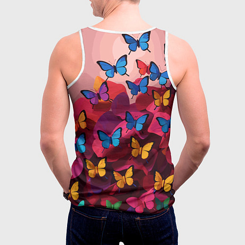 Мужская майка без рукавов Разноцветные бабочки - розовые цветы / 3D-Белый – фото 4