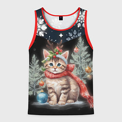 Мужская майка без рукавов Новогодний котик у ёлок в шарфе горы в снежинках