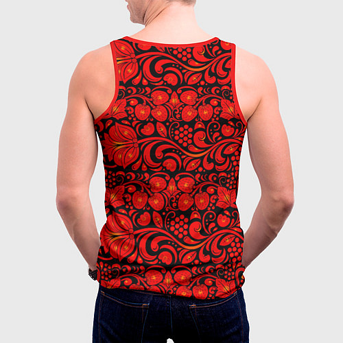 Мужская майка без рукавов Хохломская роспись красные цветы и ягоды на чёрном / 3D-Красный – фото 4