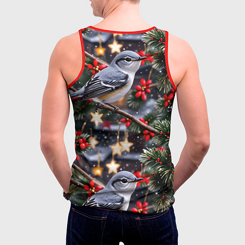Мужская майка без рукавов Рождественская птица пересмешник / 3D-Красный – фото 4