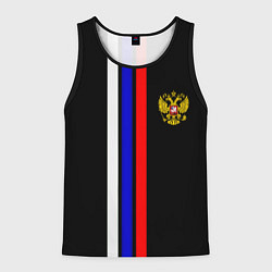 Майка-безрукавка мужская Герб РФ триколор полосы, цвет: 3D-черный
