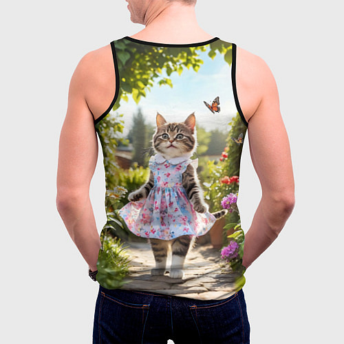 Мужская майка без рукавов Кошка в летнем платье в саду / 3D-Черный – фото 4